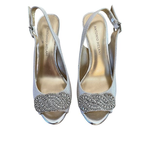 Antoni Melani Shoes - Antonio Melani Silver Peep Toe Kitten Heels Rhinestone Detail Silver Snakeskin